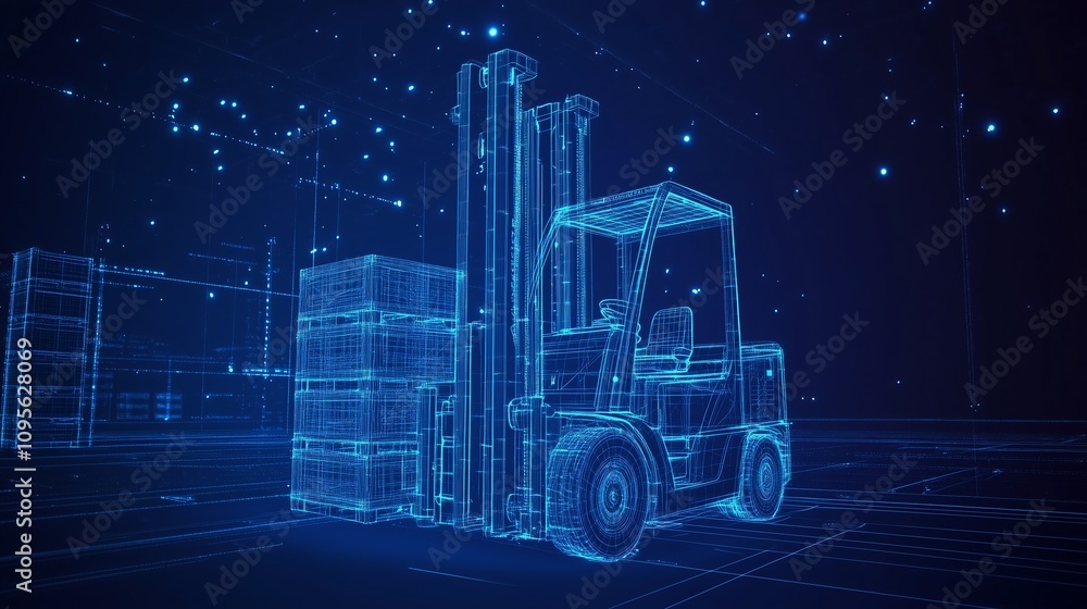 Abstract AI-Controlled Forklifts Transporting Heavy Pallets, Featuring Low Poly Wireframe, Glowing Particles, and Lines on a Dark Blue Background for a Futuristic Design. Abstract AI-Controlled Forklifts Transporting Heavy Pallets, Featuring Low Poly Wireframe, Glowing Particles, and Lines on a Dark Blue Background for a Futuristic Design.