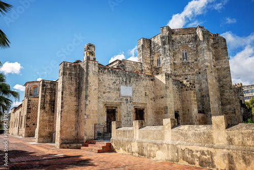 Scenic view of the exterior of the Cathedral de Santa Maria la Menor in Santo Domingo, first and oldest catholic basilica in the Americas, Ciudad Colonial historic district, Dominican Republic
