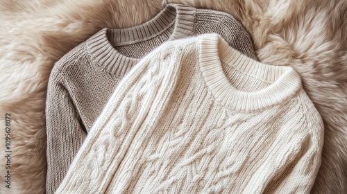 Cozy and Stylish Sweaters on Soft Fur Background, Perfect for Winter Fashion, Warm Knitwear for Cold Days, Elegant Textures and Colors to Inspire Your Seasonal Wardrobe photo