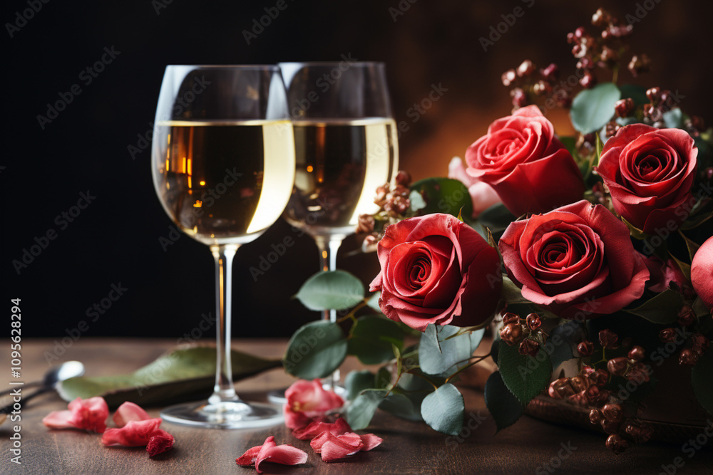 Valentines day table setting red roses and champagne glasses on concrete background. Valentine's greeting card - Image. Valentines day table setting red roses and champagne glasses on concrete background. Valentine's greeting card - Image.