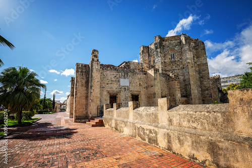 Scenic view of the exterior of the Cathedral de Santa Maria la Menor in Santo Domingo, first and oldest catholic basilica in the Americas, Ciudad Colonial historic district, Dominican Republic