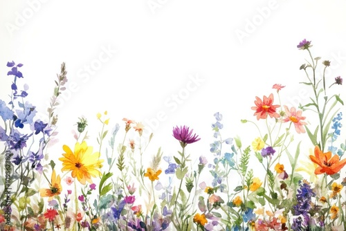 Vibrant wildflower field in full bloom, showcasing a variety of colorful flowers against a bright white background. Nature and beauty concept.