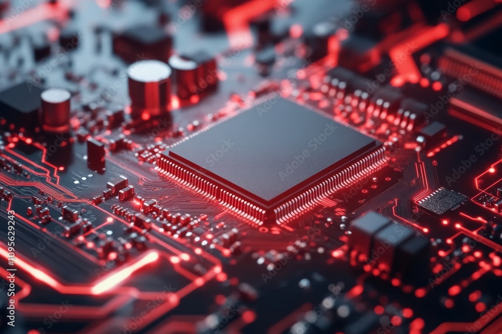 Futuristic red circuit board with central semiconductor chip Futuristic red circuit board with central semiconductor chip