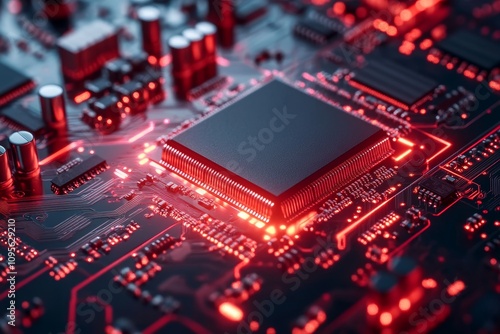 Close-up of a modern red-lit circuit board with prominent microchip