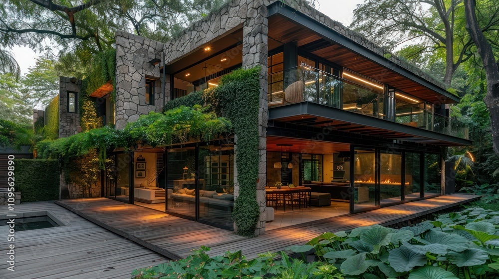 Fototapeta premium Modern architectural home surrounded by greenery, featuring large glass windows and natural materials.