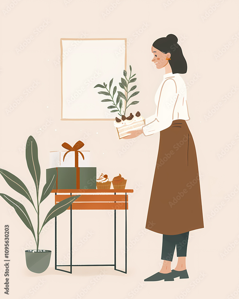 A young woman of Hispanic descent in an apron carefully arranges a potted plant on a table adorned with gifts and desserts, creating a cozy atmosphere. A young woman of Hispanic descent in an apron carefully arranges a potted plant on a table adorned with gifts and desserts, creating a cozy atmosphere.