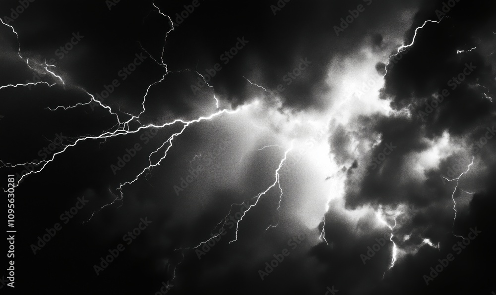 Lightning strikes illuminate dark storm clouds, dramatic weather phenomenon, intense flashes, black and white contrast Lightning strikes illuminate dark storm clouds, dramatic weather phenomenon, intense flashes, black and white contrast