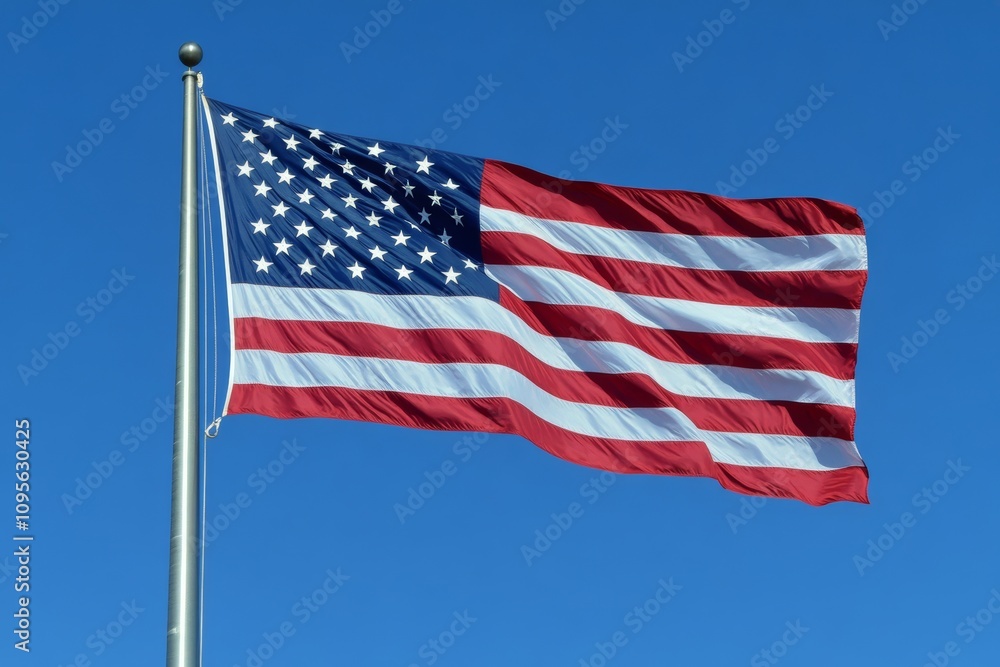 Fototapeta premium American flag waves against clear blue sky in patriotic display