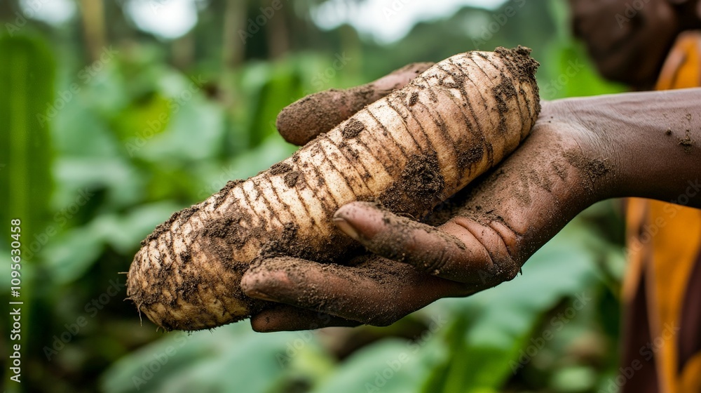 A farmer hand holding a freshly harvested cassava root, its brown, fibrous skin dusted with soil, and pale flesh inside. A farmer hand holding a freshly harvested cassava root, its brown, fibrous skin dusted with soil, and pale flesh inside.
