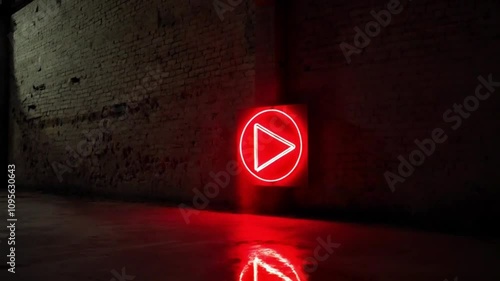 Sign play video button Youtube intro video red and glowing play button on wall prologue introduction template player dark and moody photo