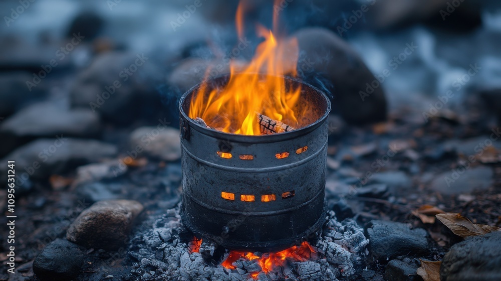 a small metal stove with a fire in it a small metal stove with a fire in it