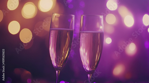 Two champagne glasses clink, framed by a dreamy purple and gold bokeh, capturing the essence of celebration and fresh starts