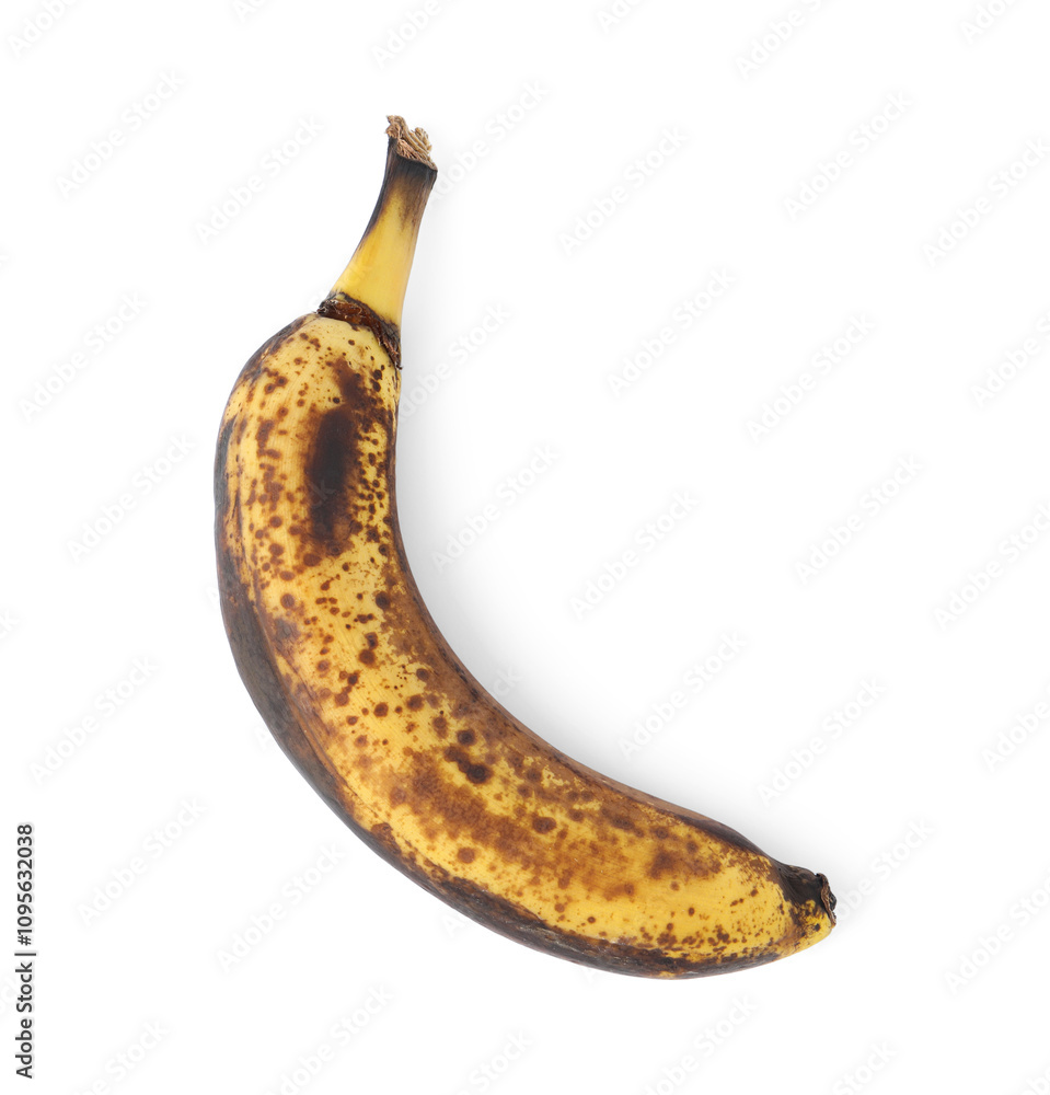 Overripe banana with dark spots isolated on white, top view Overripe banana with dark spots isolated on white, top view