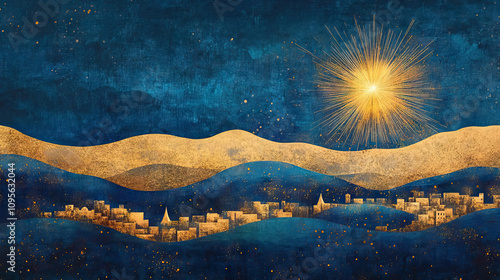Epiphany banner with radiant star over a hilly desert landscape with towns, symbolizing the journey of the Magi, in deep blues and golden highlights with copy space.
