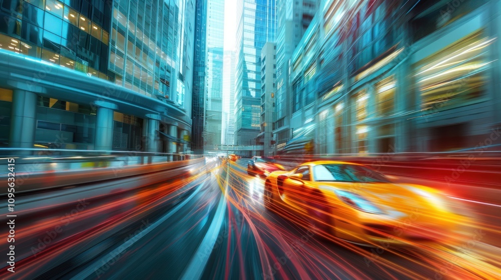 A dynamic city street scene with blurred motion of cars, emphasizing speed and urban life. A dynamic city street scene with blurred motion of cars, emphasizing speed and urban life.