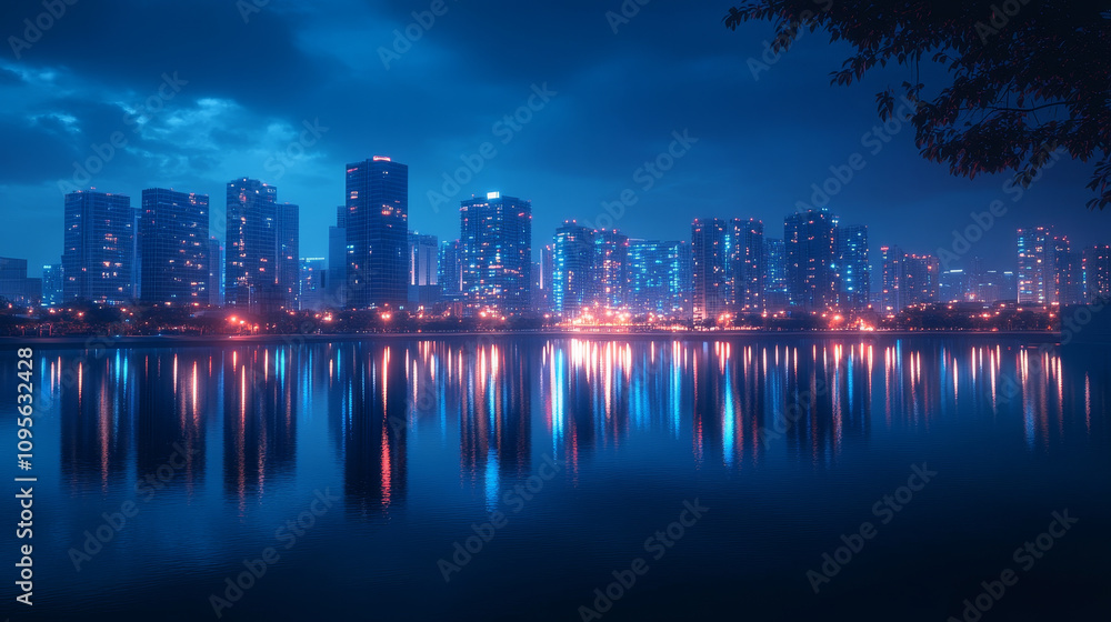 Fototapeta premium vibrant cyberpunk cityscape illuminated at night, showcasing modern skyscrapers reflecting on calm water. scene evokes sense of wonder and tranquility