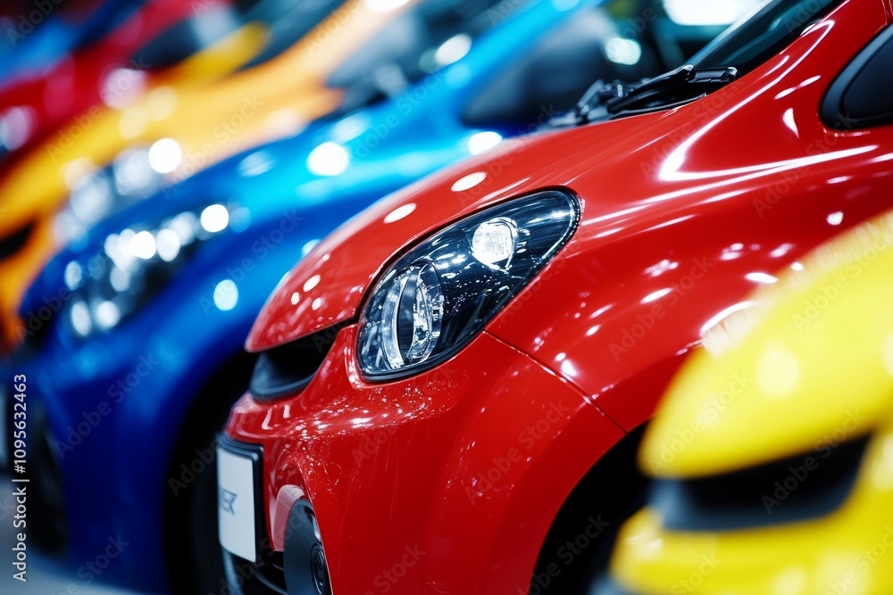 Brightly colored compact cars in showroom Brightly colored compact cars in showroom