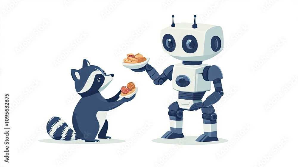 Robot Serving Dessert to a Raccoon Robot Serving Dessert to a Raccoon