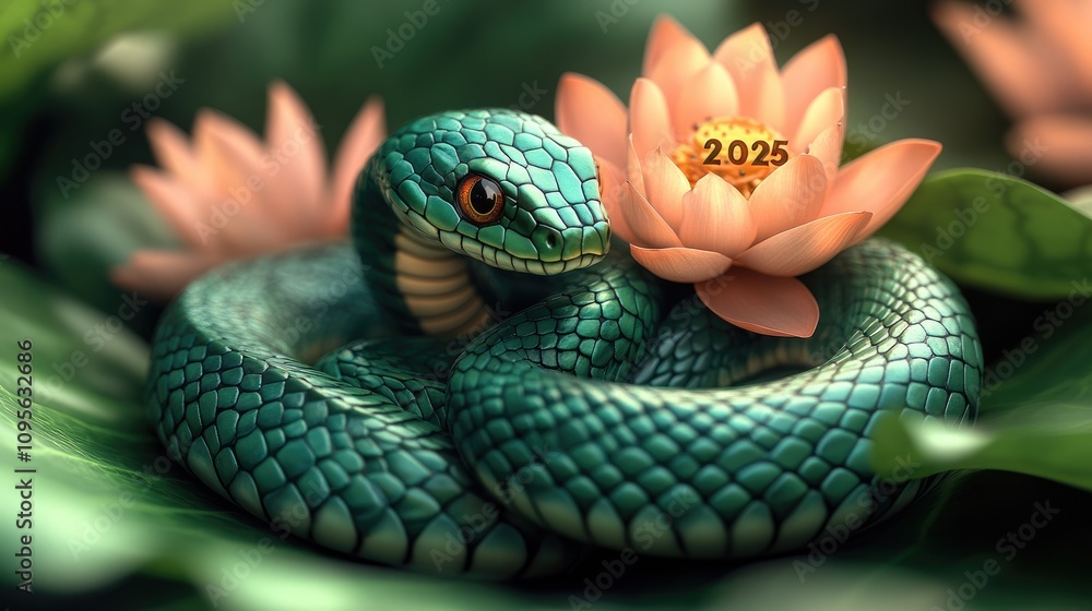 Fototapeta premium Lunar prosperity: Text 2025 with Green Snake, symbolizing growth, good fortune for Chinese New Year, reflecting themes of wisdom, harmony, rebirth according to oriental calendar.