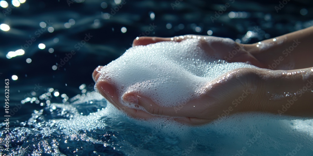Fototapeta premium Close up of Hands Cupping White Foam in Blue Water
