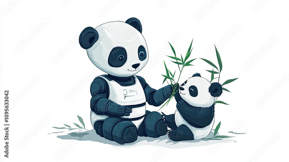 Naklejka premium Robot Panda Sharing Bamboo with Baby Panda
