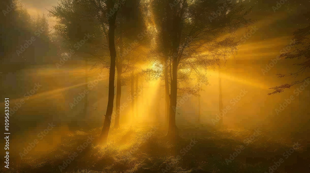 A serene forest scene illuminated by golden sunlight breaking through the misty trees. A serene forest scene illuminated by golden sunlight breaking through the misty trees.