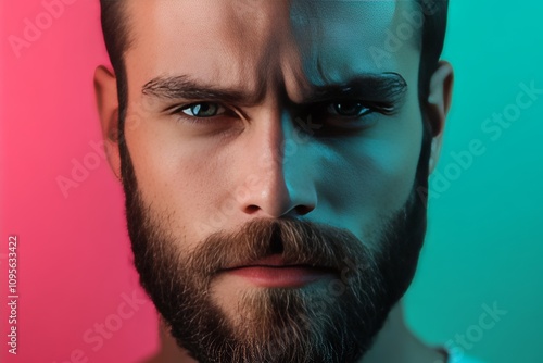 Intense facial expression of young caucasian male with contrast lighting photo