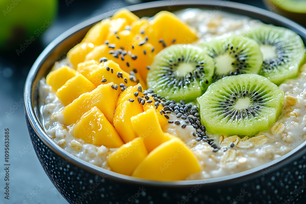 Healthy and delicious breakfast option: oatmeal porridge with mango, kiwi, and chia seeds on top Healthy and delicious breakfast option: oatmeal porridge with mango, kiwi, and chia seeds on top