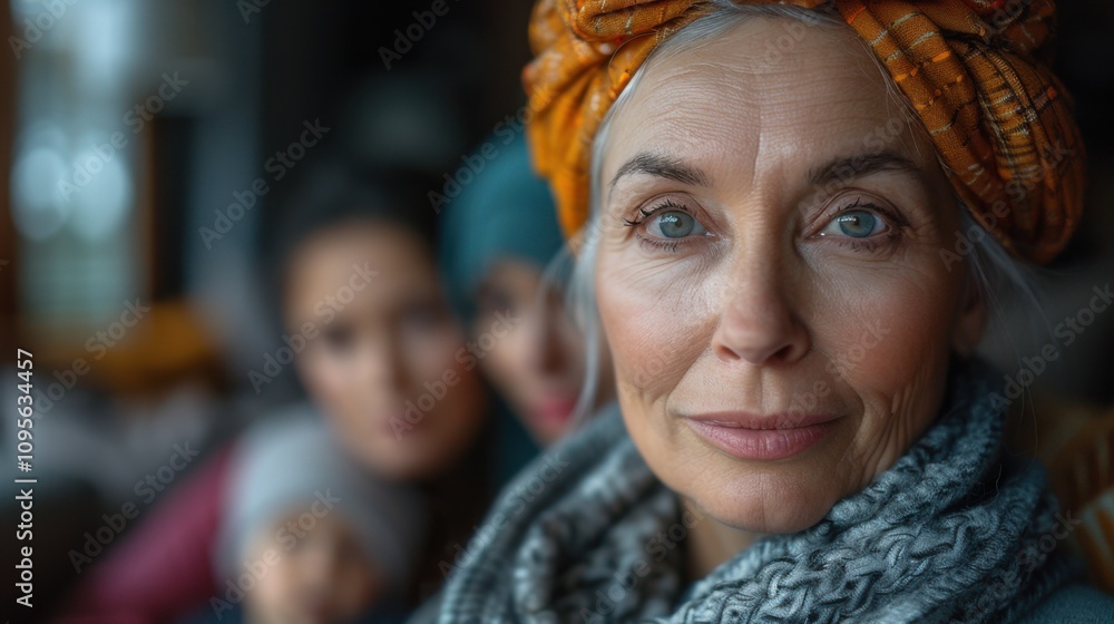 Blond woman with orange turban and scarf looking at camera Blond woman with orange turban and scarf looking at camera