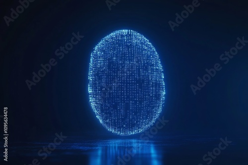 Futuristic blue digital sphere composed of binary code on a dark background photo