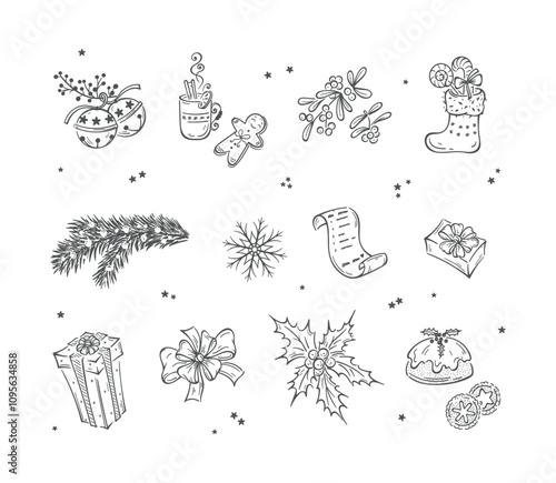 Winter Set of Hand Drawn Outline Christmas and New Year Elements. Christmas Decorations, Gifts, Treats. Black and White Vector illustration