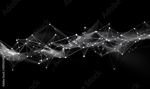 Abstract network visualization, interconnected nodes, dynamic lines, dark background, digital art, technology representation