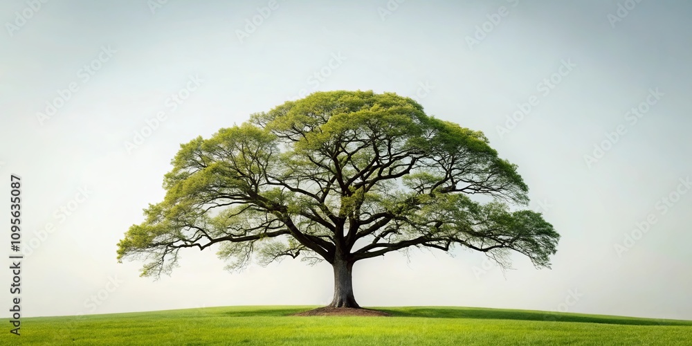 Majestic oak tree standing alone in a verdant field under a pale sky Majestic oak tree standing alone in a verdant field under a pale sky