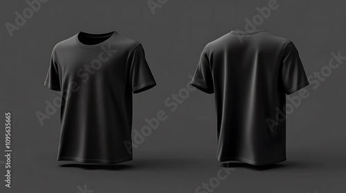 Black t-shirt mockup, front and back views, isolated on dark gray background.