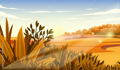 Beautiful autumnal nature. Fall season nature scenery. Hills with orange bushes and grass. Background and poster. Horizontal natural landscape. Flat vector illustration