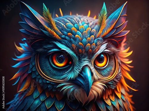 Neonpunk Owl Head, High Depth of Field, Bronze Azure, Poster Art photo