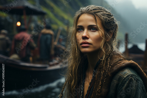 Viking girl in an authentic setting. portrait,  photo