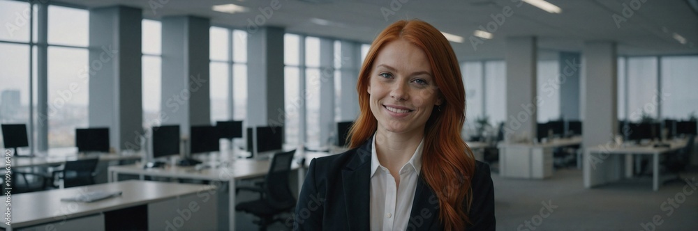 Close up cinematic portrait of carrot haired woman in office, corporate businesswoman Close up cinematic portrait of carrot haired woman in office, corporate businesswoman