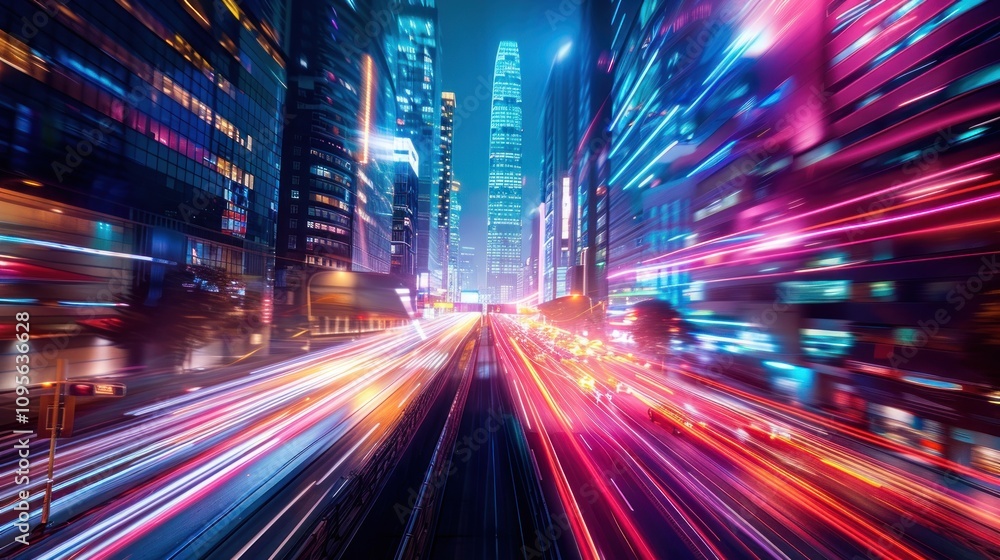 A vibrant cityscape at night with blurred lights and skyscrapers. A vibrant cityscape at night with blurred lights and skyscrapers.