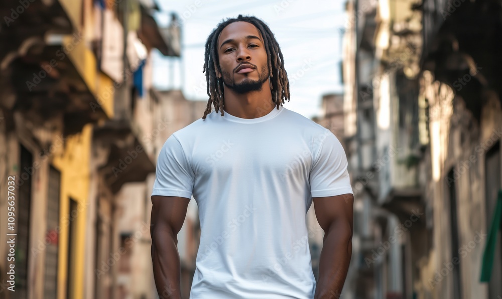 Confident man in white t-shirt, urban street background, strong physique, casual style, natural light Confident man in white t-shirt, urban street background, strong physique, casual style, natural light
