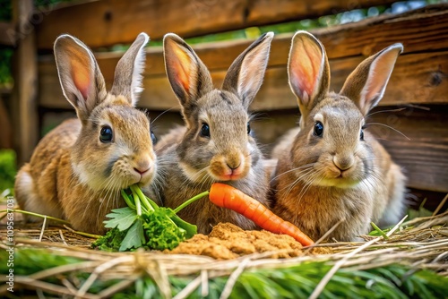 Rabbits Eating Grass and Carrot in Pen - Conceptual Photography photo