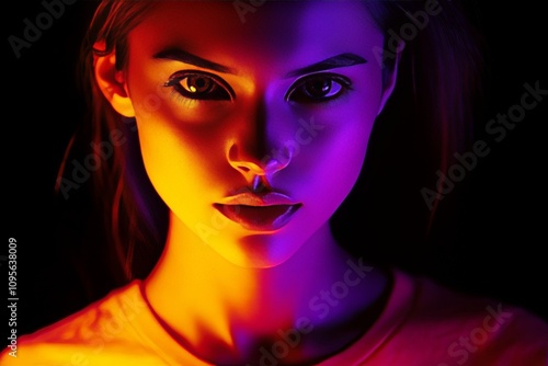 Wallpaper Mural Young caucasian female with vibrant neon lighting in dramatic close-up portrait Torontodigital.ca