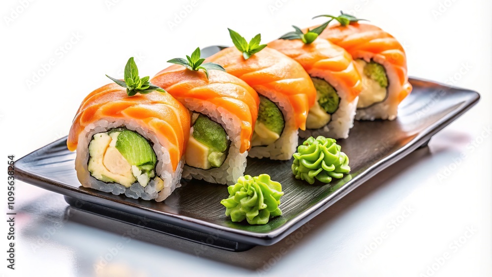 Stunning salmon uramaki, captured in a long exposure shot. Stunning salmon uramaki, captured in a long exposure shot.