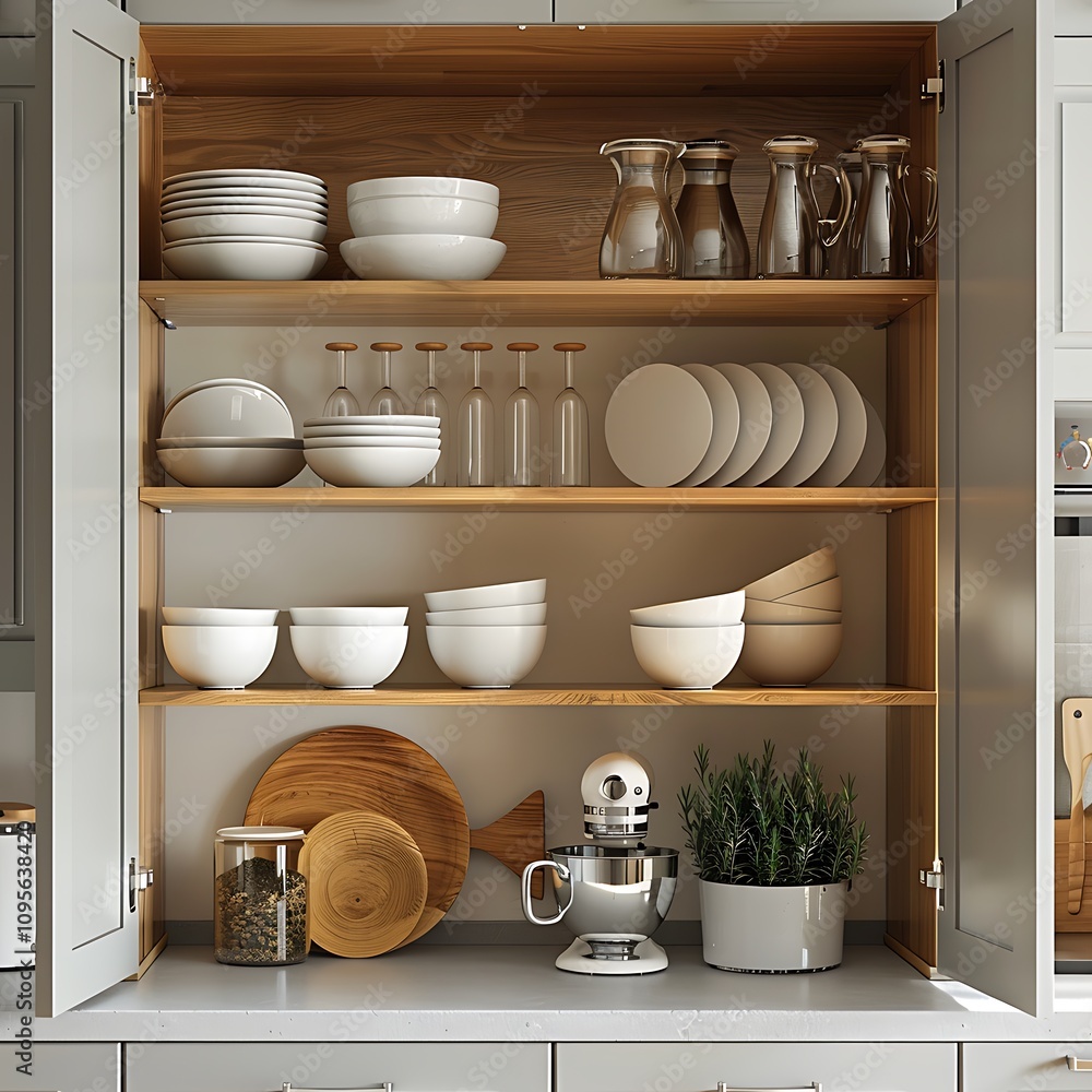 An Open Cabinet Displaying a Collection of Different Clean Plates and Bowls, Neatly Arranged to Showcase Elegant Tableware and Organized Kitchen Storage An Open Cabinet Displaying a Collection of Different Clean Plates and Bowls, Neatly Arranged to Showcase Elegant Tableware and Organized Kitchen Storage