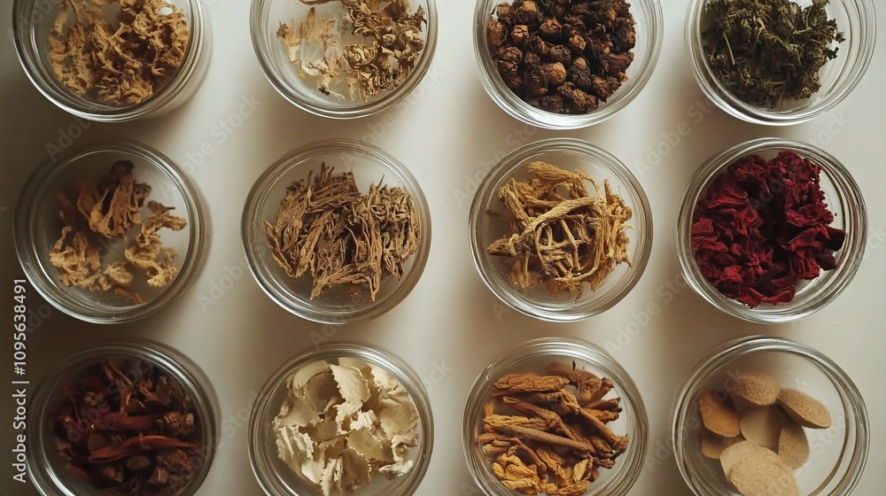 Assorted dried herbs and pills in glass bowls. Assorted dried herbs and pills in glass bowls.