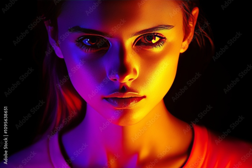 Striking portrait of young female with vivid neon lighting Striking portrait of young female with vivid neon lighting