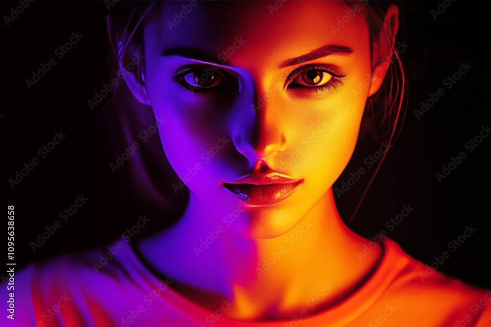 Portrait of young caucasian female in vibrant neon lighting Portrait of young caucasian female in vibrant neon lighting