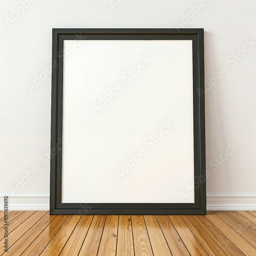 A blank, black-framed picture on a white wall above a wooden floor.