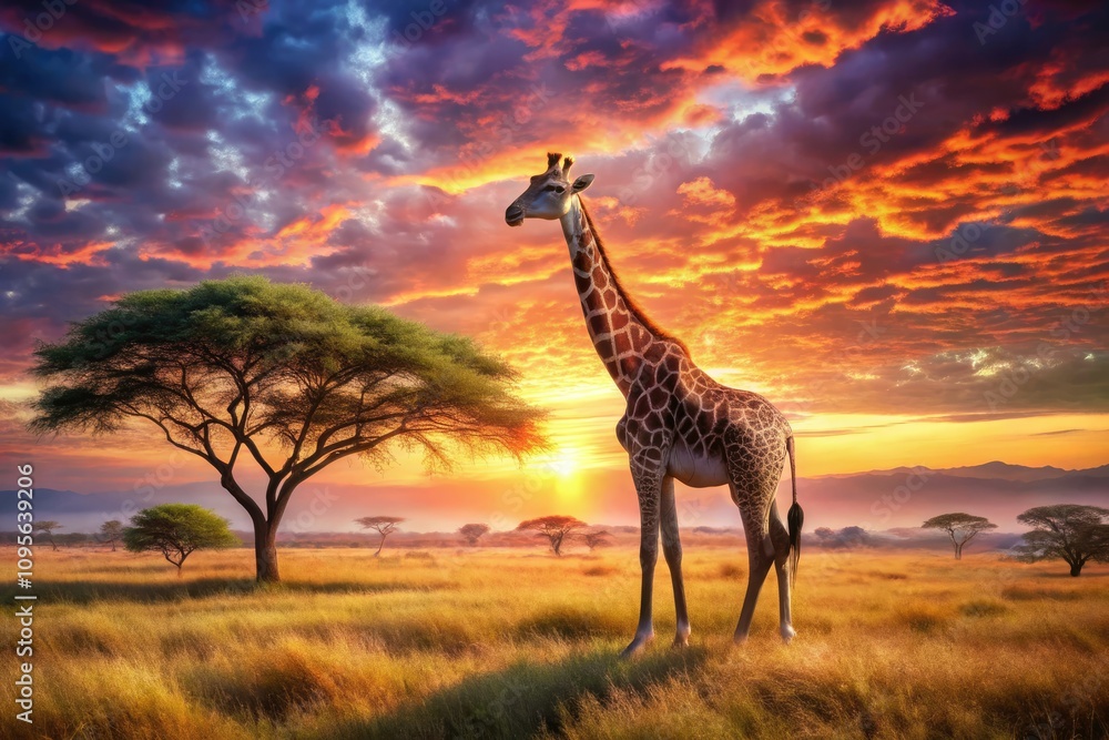 Obraz premium Watercolor Giraffe in Savanna Sunset - Artistic Wildlife Fashion Photography, Nature Illustration, Serene Landscape, Giraffe Art, Sunset Colors, African Savannah, Wildlife Aesthetic, Bohemian Style