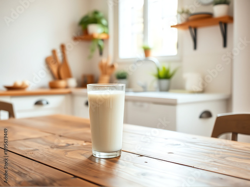 Refreshing glass of milk on a wooden table in a bright kitchen
